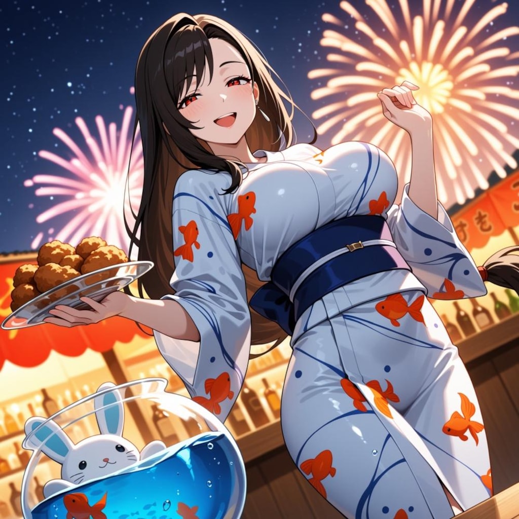 金魚と花火大会浴衣コスプレ人妻唐揚げダンス&水彩画スノードーム風金魚鉢