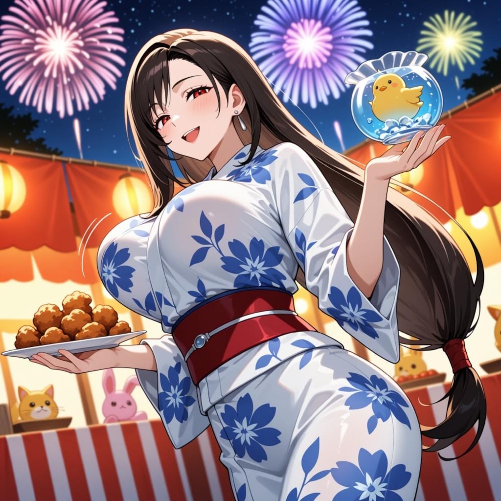 金魚と花火大会浴衣コスプレ人妻唐揚げダンス&水彩画スノードーム風金魚鉢