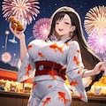 金魚と花火大会浴衣コスプレ人妻唐揚げダンス&水彩画スノードーム風金魚鉢 2枚目