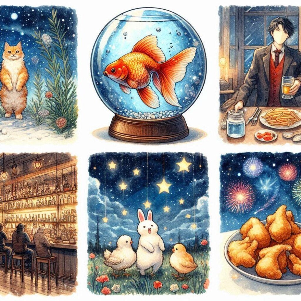 金魚と花火大会浴衣コスプレ人妻唐揚げダンス&水彩画スノードーム風金魚鉢