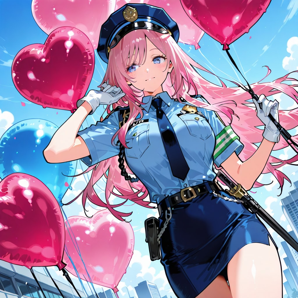 いっぱいハート風船を持つピンク髪ロング警察官の美女 | の人気AIイラスト・グラビア