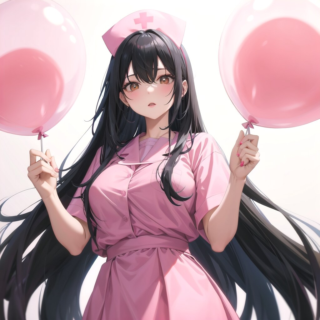 ピンクの巨大風船を持つ黒髪ロングのピンクのナース服着た美女 | の人気AIイラスト・グラビア