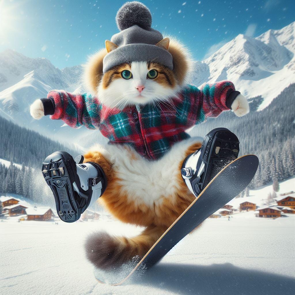 ウィンタースポーツをする猫