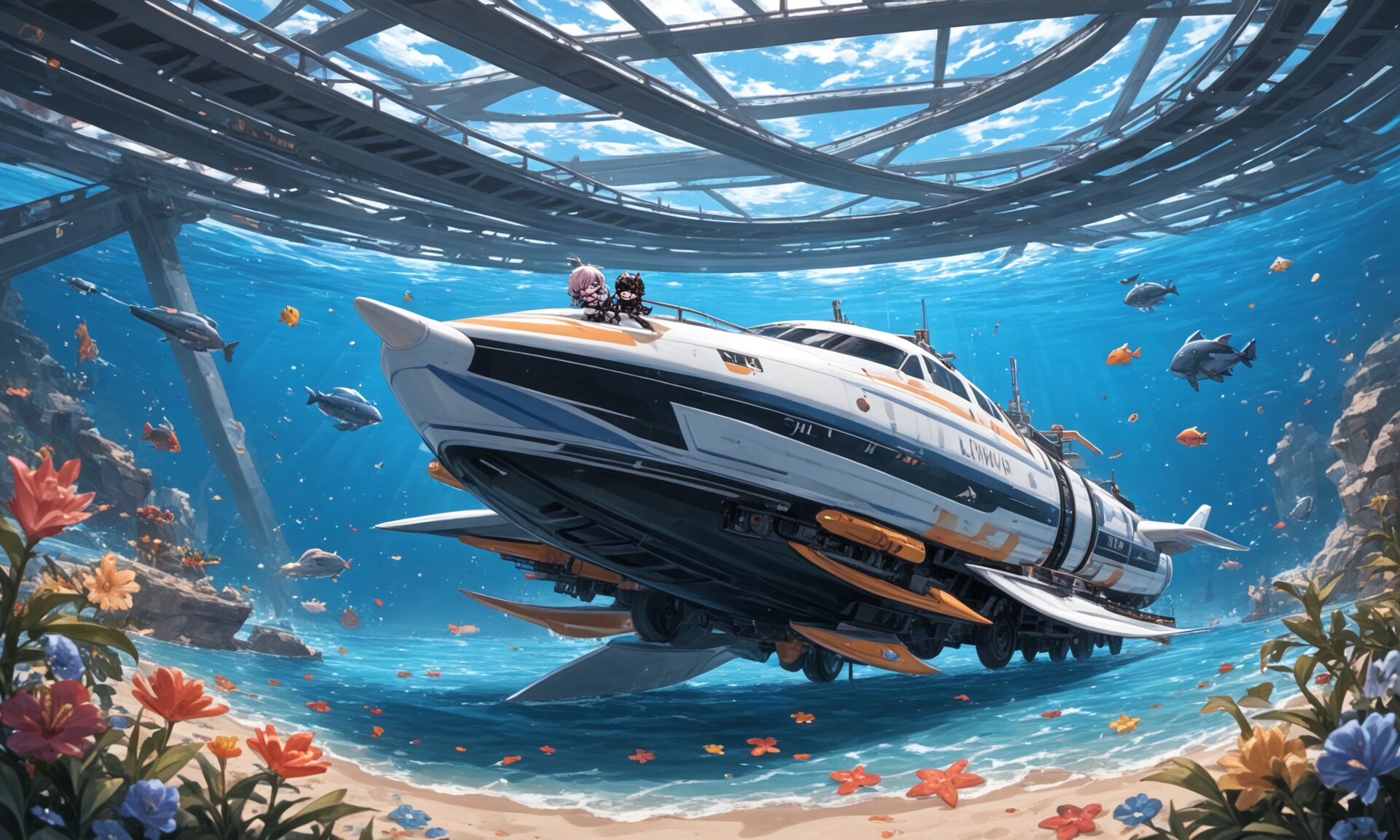 241007 「ゴッドパンク世界の海上に蠢くメガネ神気chibi生命体と海上走行する超高速光臨機関車」？ | の人気AIイラスト・グラビア