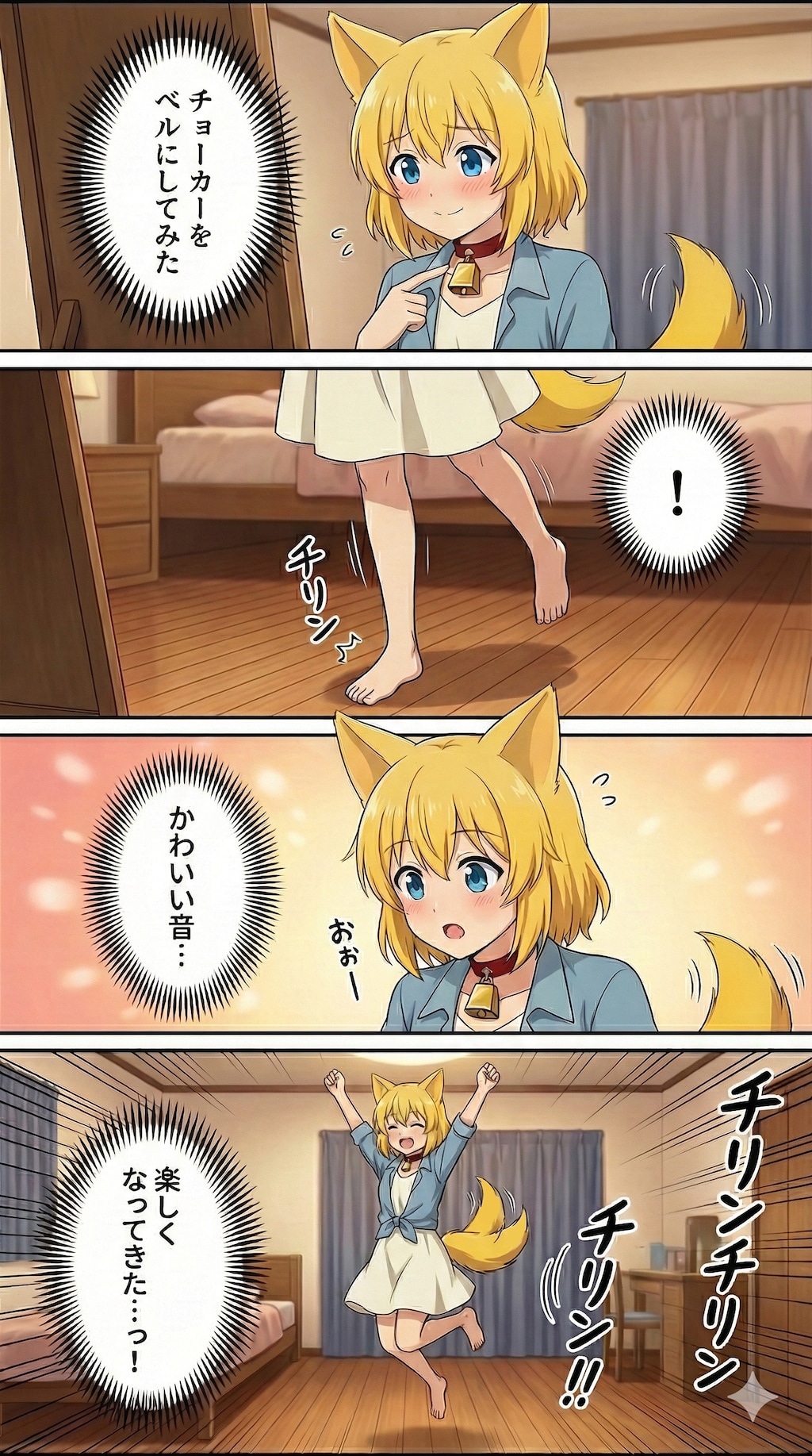 イメチェンで首元のチョーカーについている透明なガラス玉を小さな金色のベルに取り替え鏡の前に立ち指先でちょんと触れて…