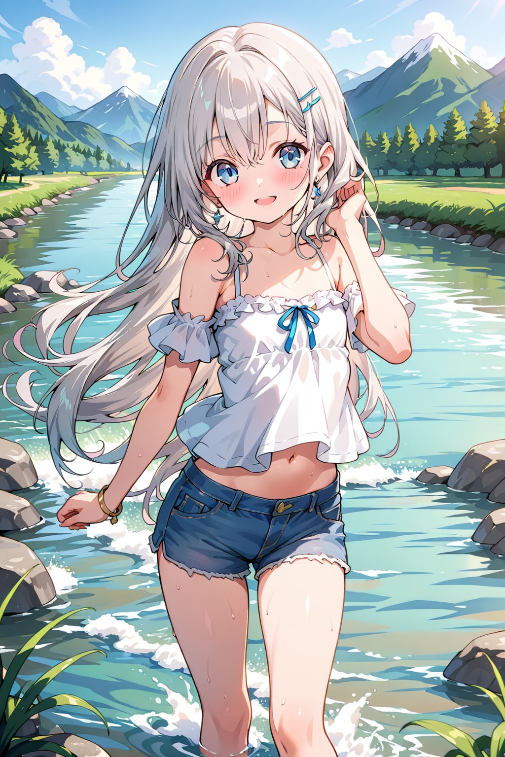 川遊びを楽しむ銀髪ちゃん
