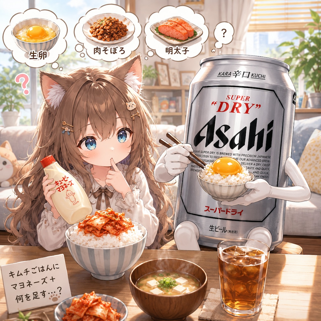 キムチマヨ丼に何を足すか悩む小さな女の子