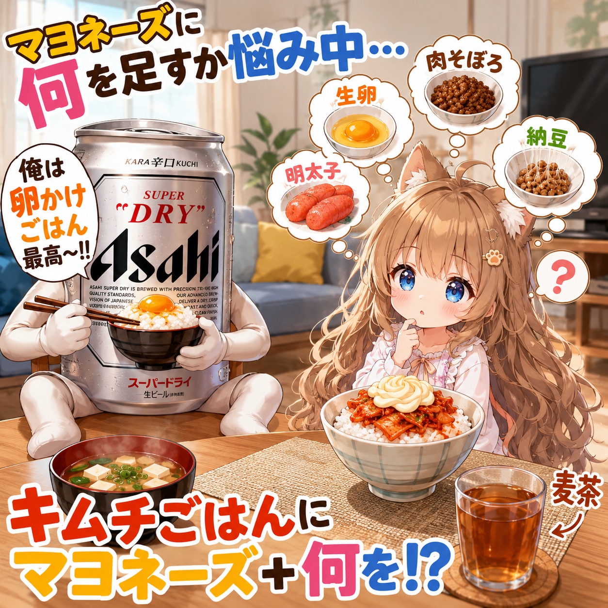 キムチマヨ丼に何を足すか悩む小さな女の子 | の人気AIイラスト・グラビア