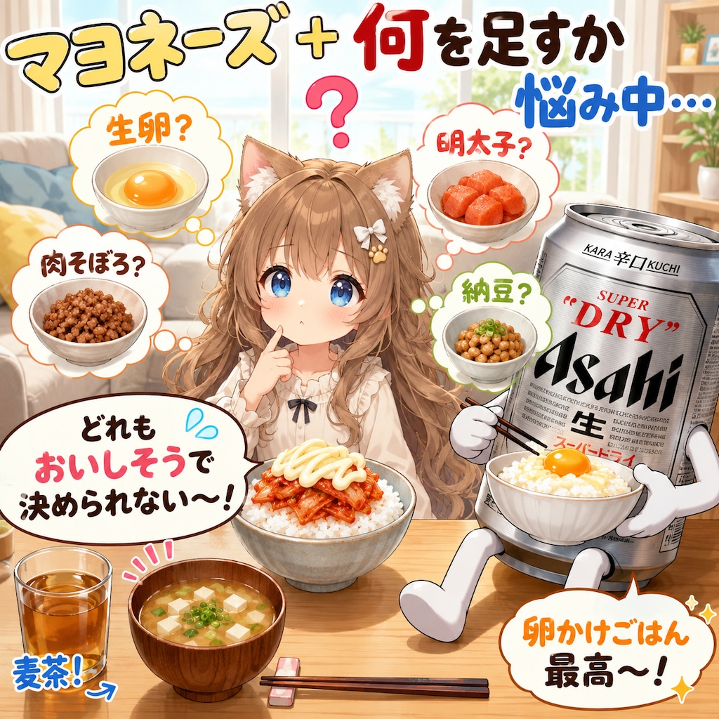 キムチマヨ丼に何を足すか悩む小さな女の子