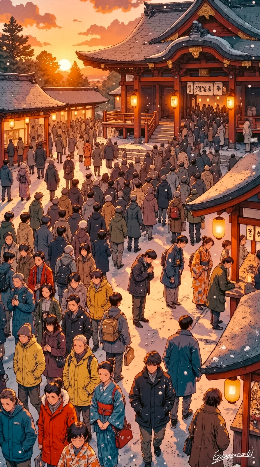 雪と灯りと、願いの列／スマホ壁紙アーカイブ | の人気AIイラスト・グラビア