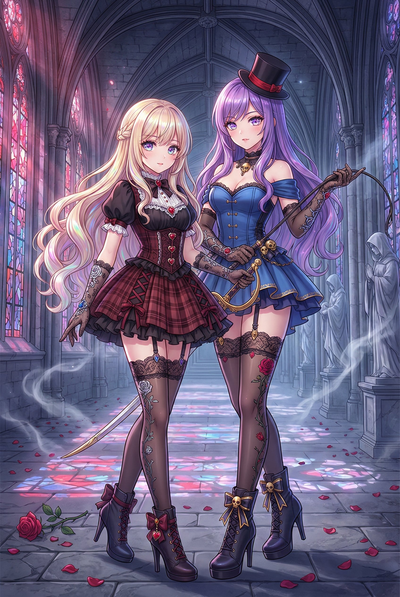 緋蒼の双姫、薔薇散る古城回廊 | の人気AIイラスト・グラビア