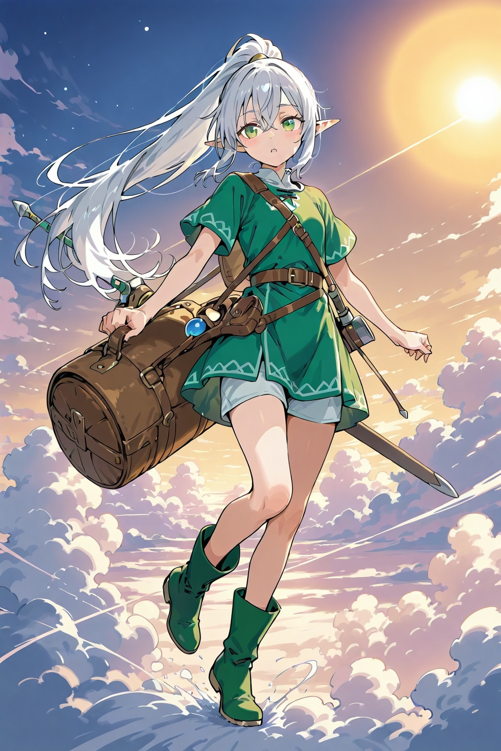 雲のダンジョンを探索する銀髪エルフの女の子