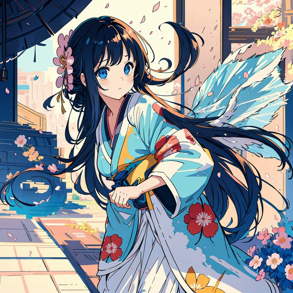 【和 - 着物】藍髪の少女
