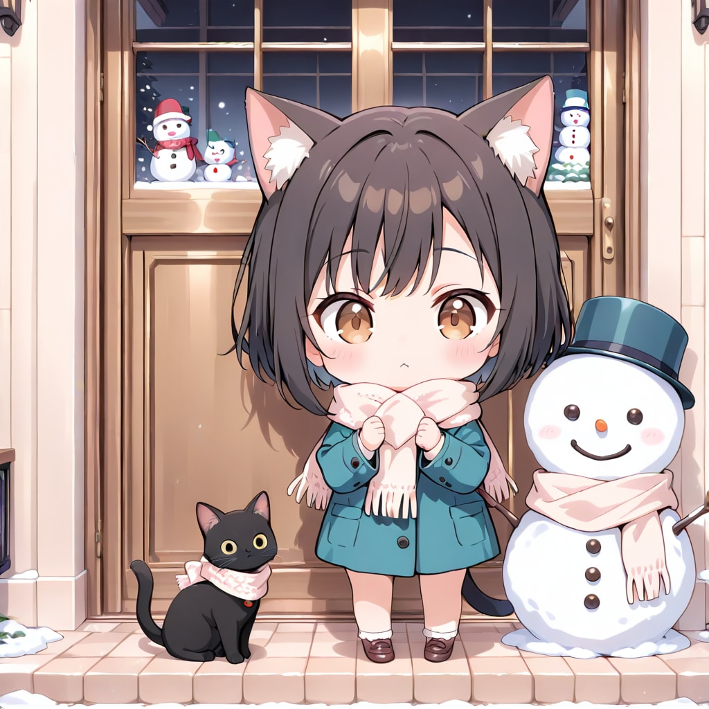 ゆきだるまと黒猫 | の人気AIイラスト・グラビア