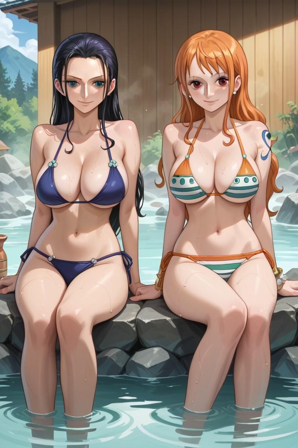 温泉を楽しむナミとロビン