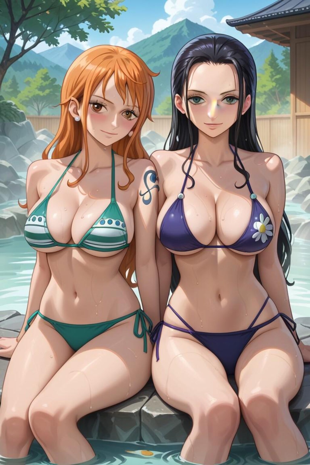 温泉を楽しむナミとロビン
