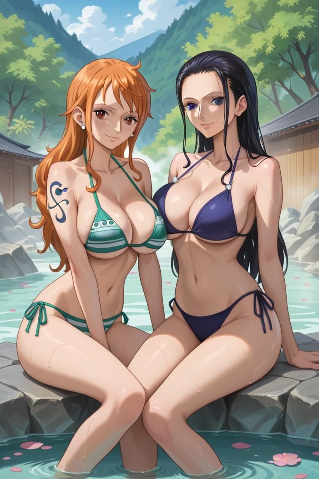 温泉を楽しむナミとロビン
