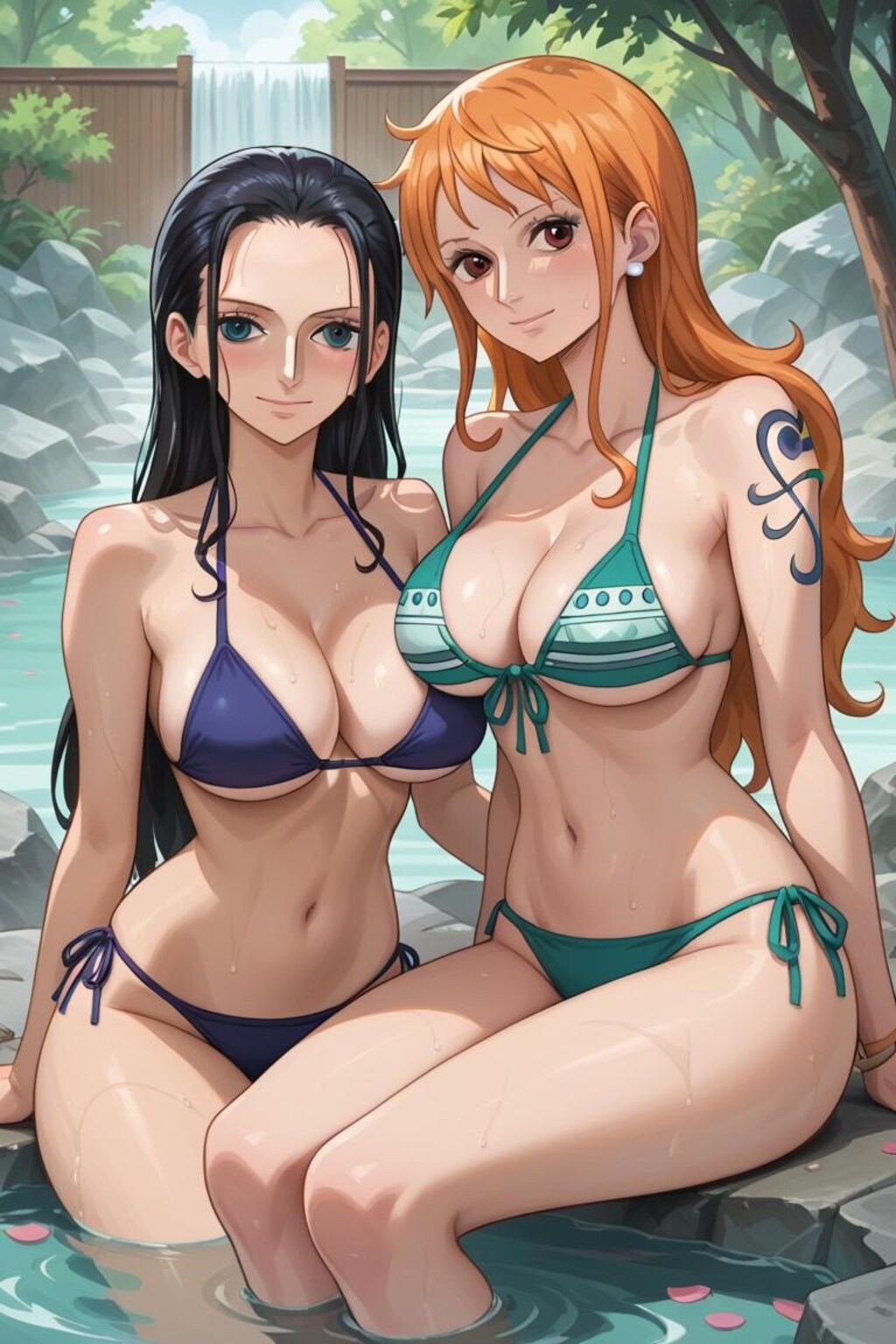 温泉を楽しむナミとロビン