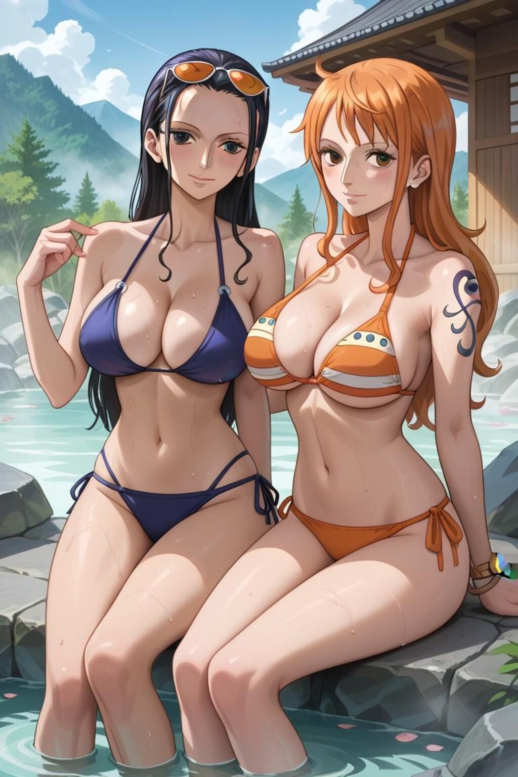 温泉を楽しむナミとロビン