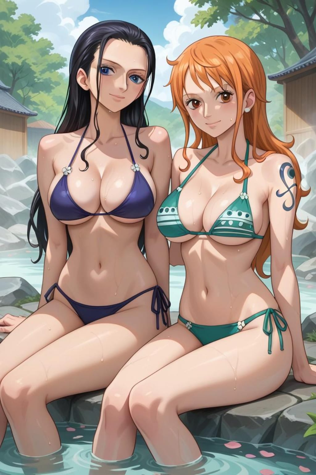 温泉を楽しむナミとロビン