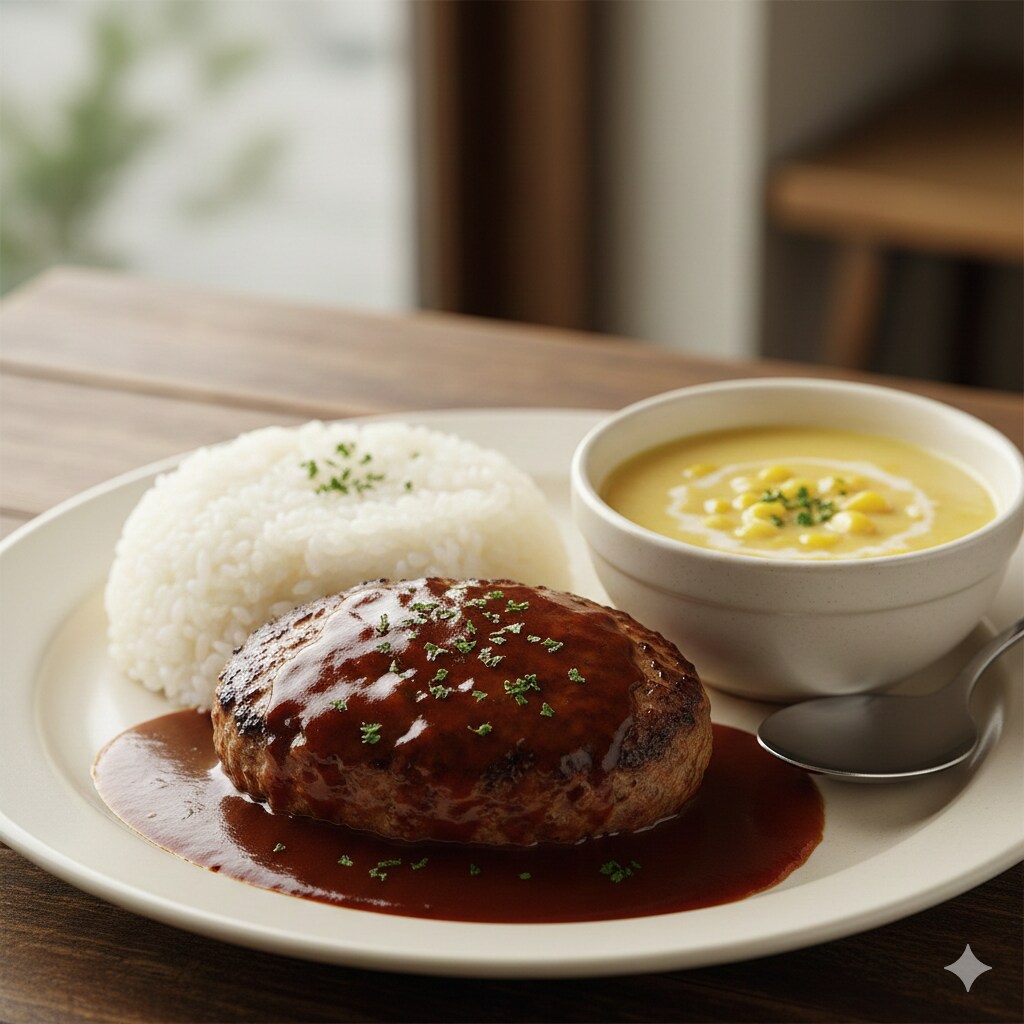 【昼食】ハンバーグ、白米、コーンスープ