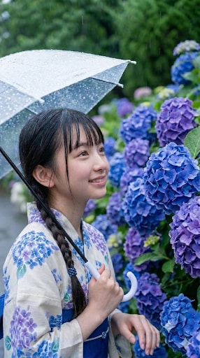 霧雨に濡れしっとりして美しく紫陽花を見つめる