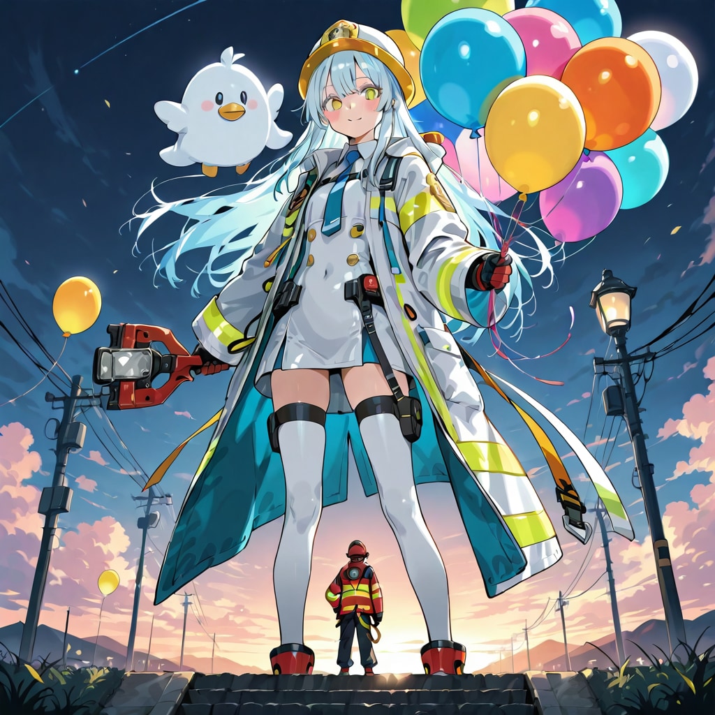 いっぱい色とりどりの風船を持つ水色髪ロングの消防士の美女