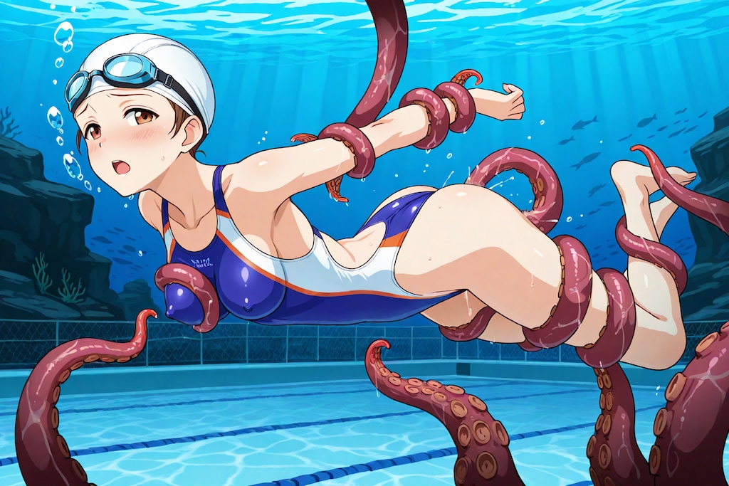 触手に捕捉される競泳水着の少女