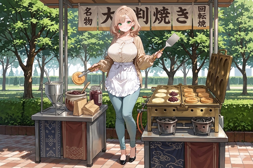 屋台で大判焼きを焼く柚月さん