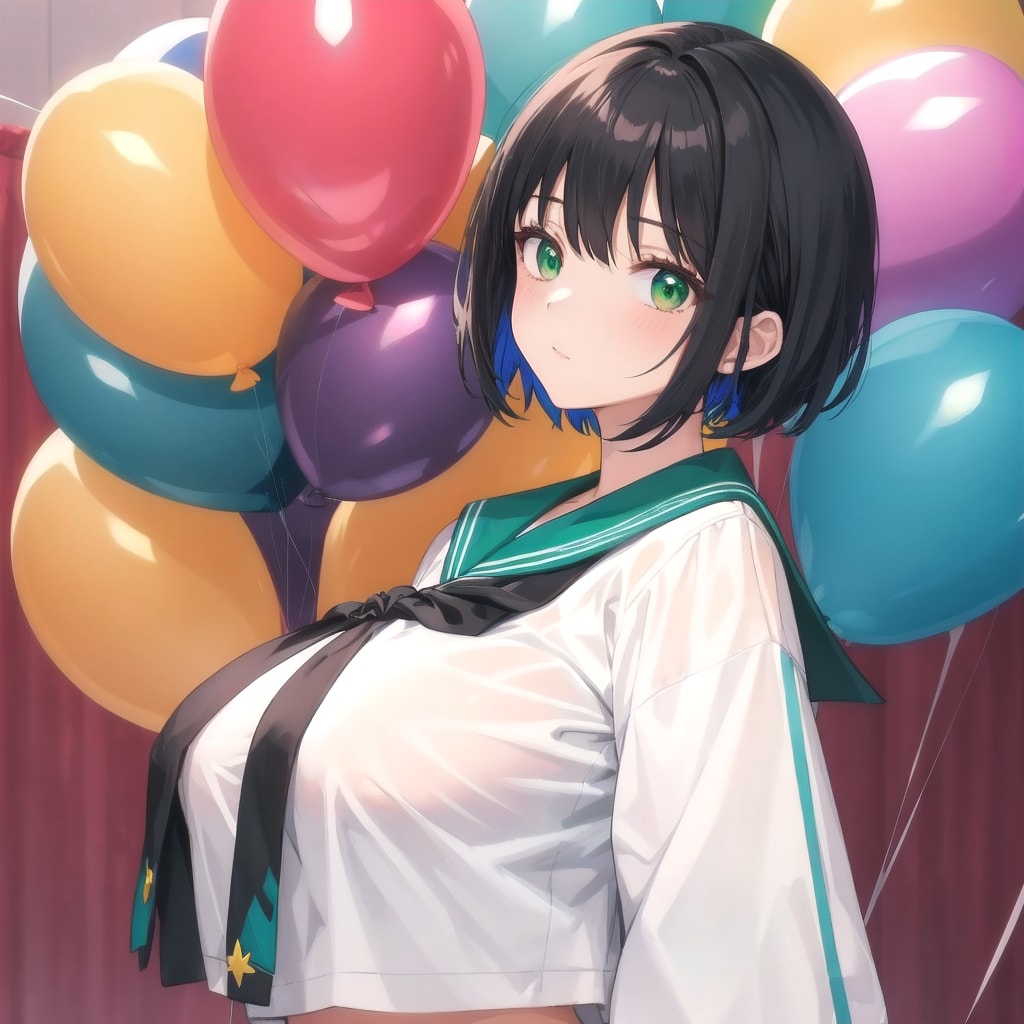 いっぱい色とりどりの風船を持つ黒髪ショートカットの緑色のセーラー服着た美少女