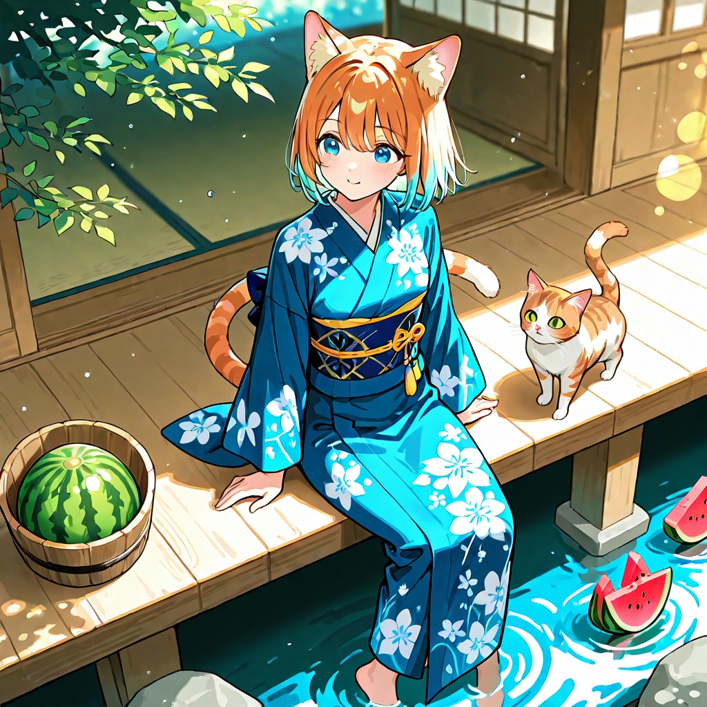 縁側、涼を運ぶ雫と茶トラ猫