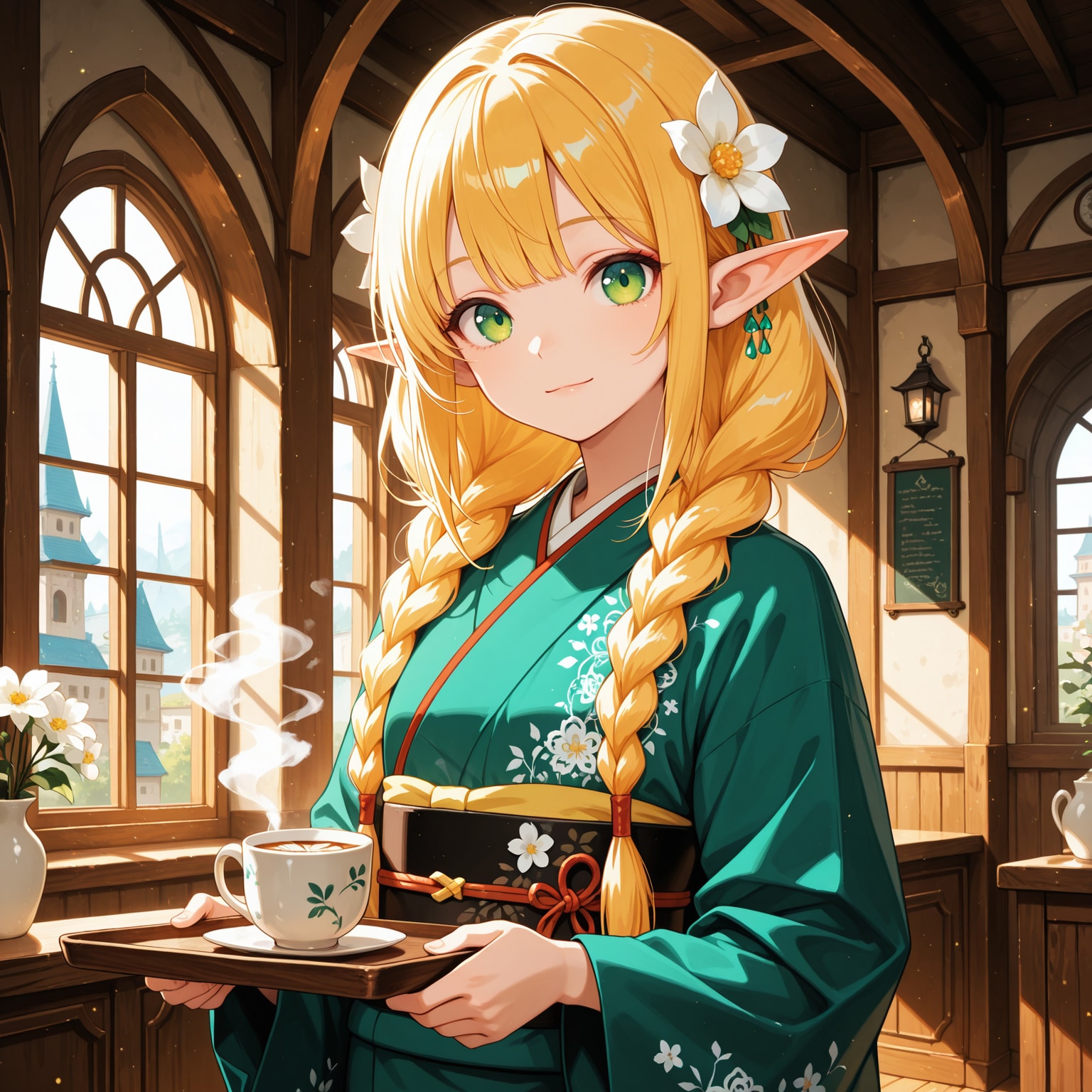 着物でお茶を運ぶエルフ魔女さん | の人気AIイラスト・グラビア