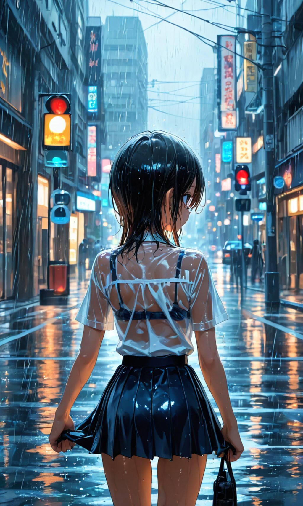 ゲリラ豪雨にあった 信号待ちのJK