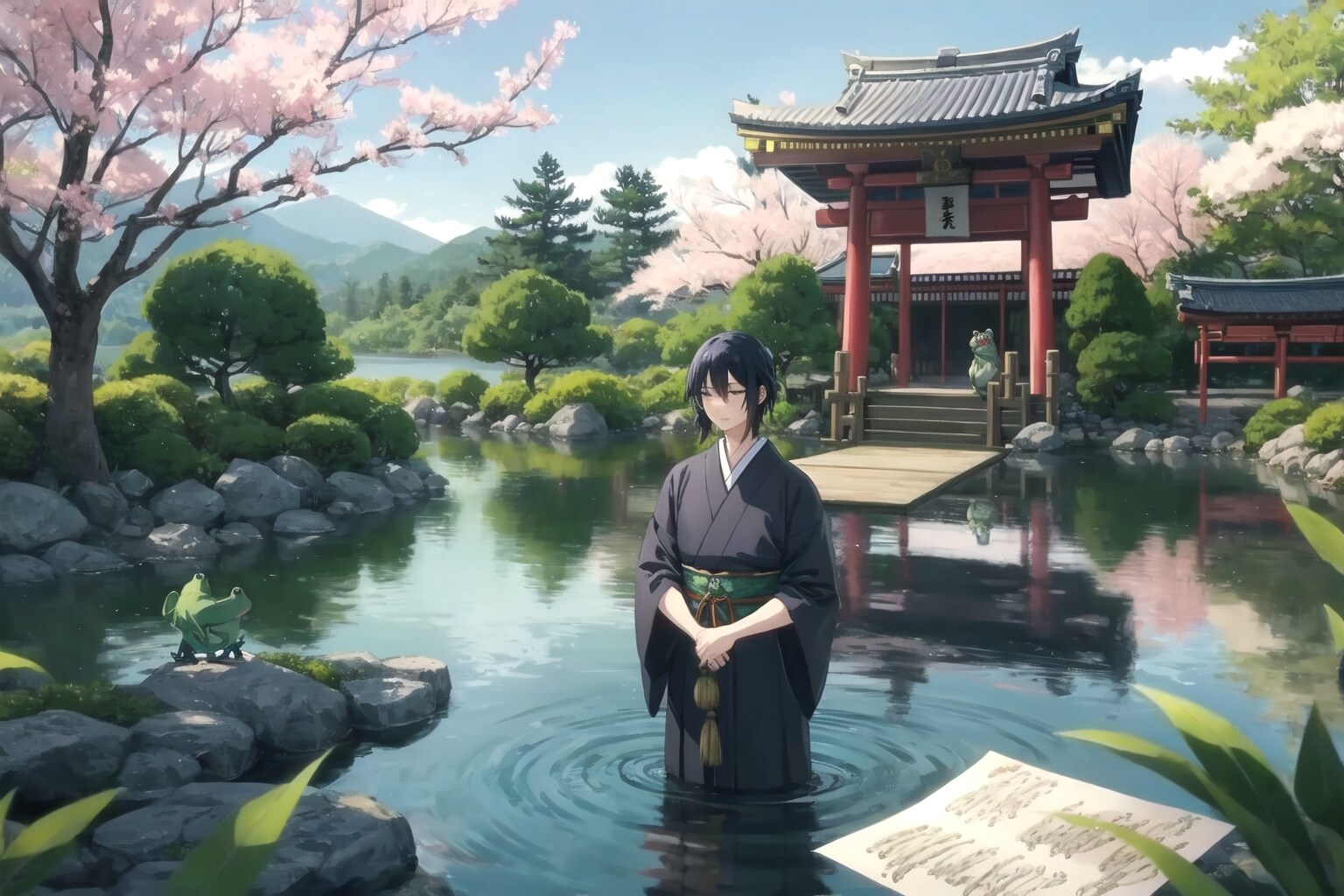 桜の舞う古池のほとりで | の人気AIイラスト・グラビア