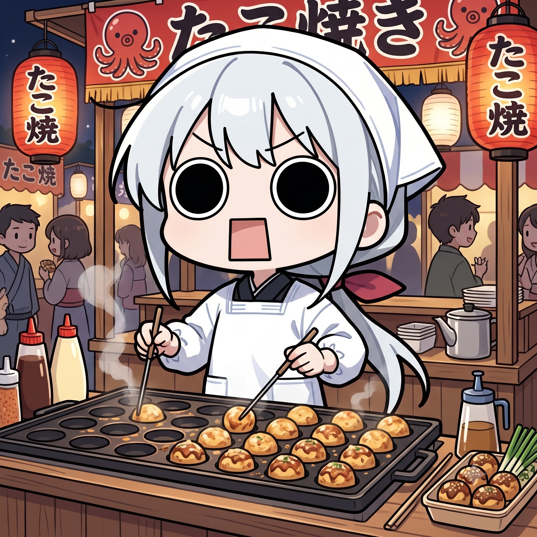 祭りの屋台でたこ焼きを焼くえらいこっちゃ嬢