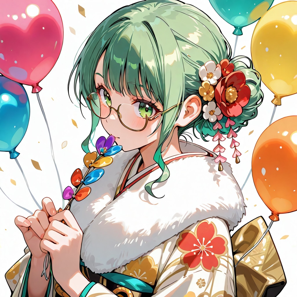 いっぱい色とりどりの風船を持つ緑髪お団子ヘアの眼鏡かけた花柄の着物着た美女 | の人気AIイラスト・グラビア