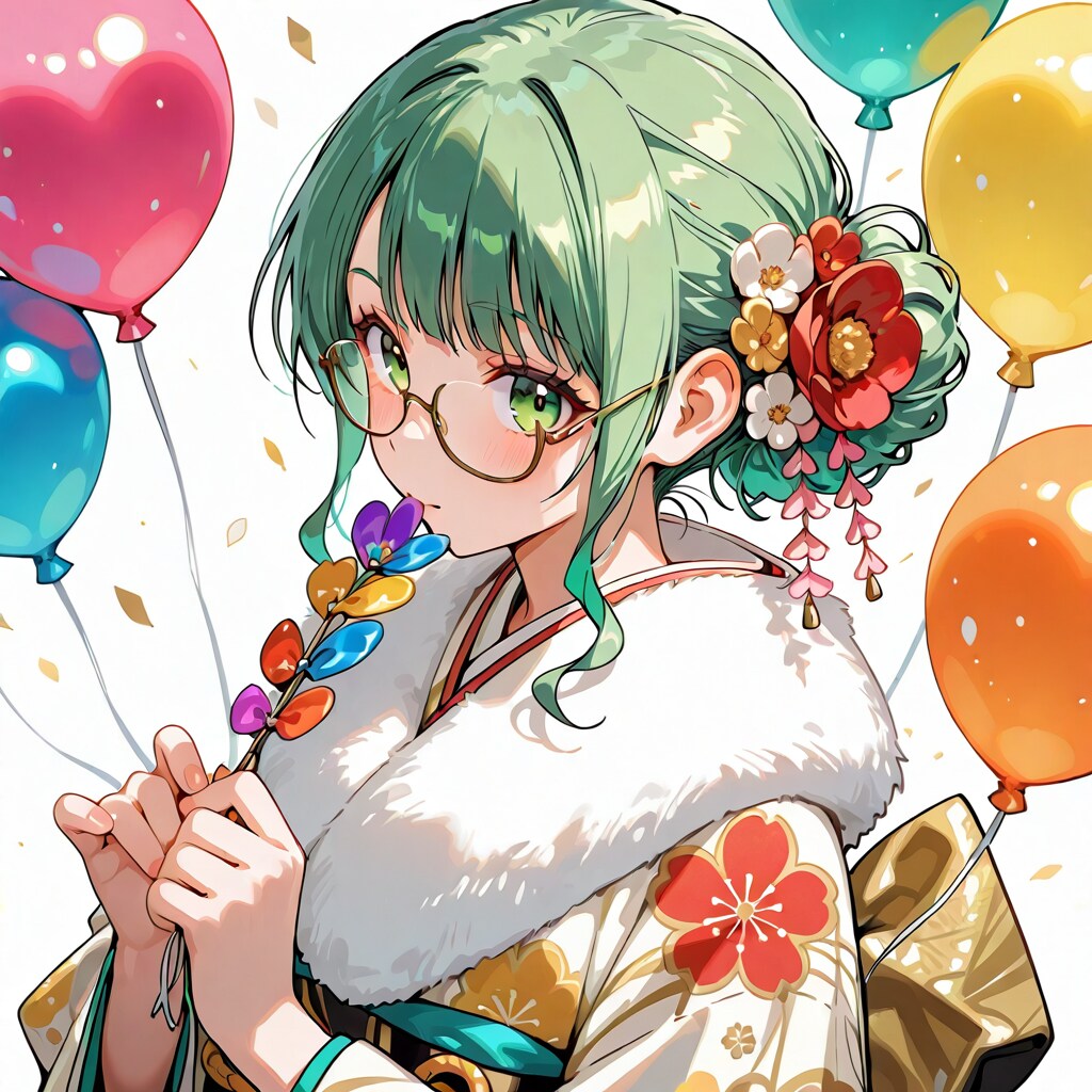 いっぱい色とりどりの風船を持つ緑髪お団子ヘアの眼鏡かけた花柄の着物着た美女
