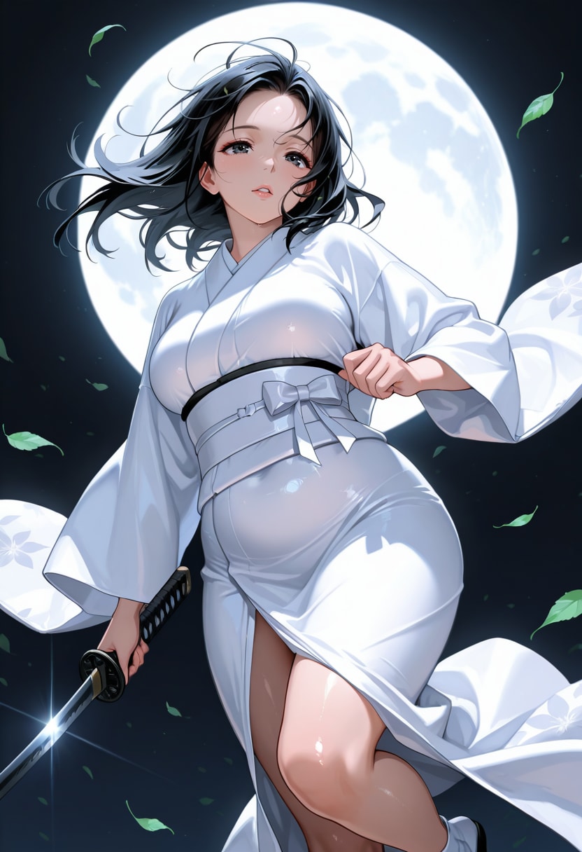白装束と満月と若葉