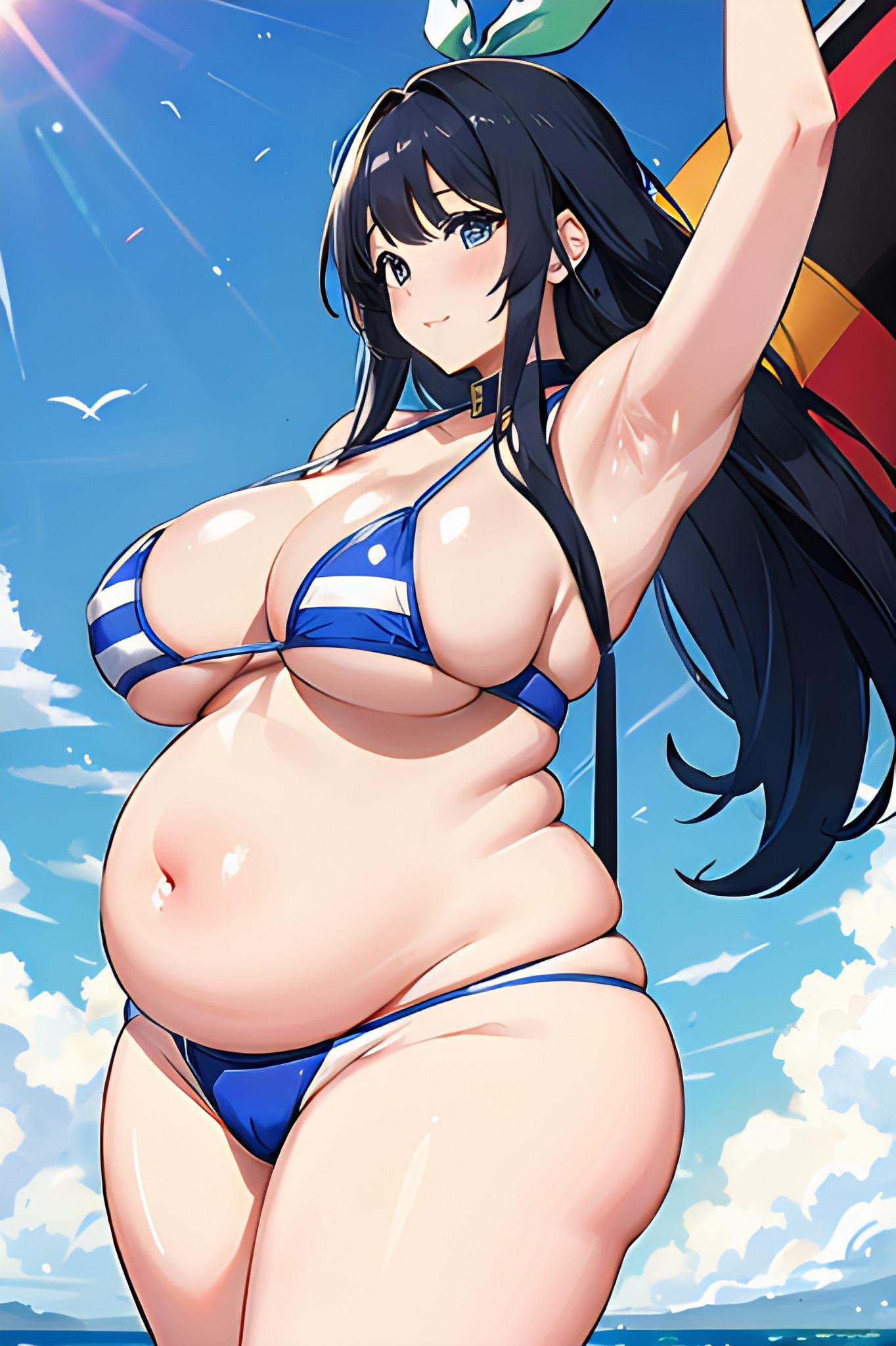 旗を掲げているビキニ姿のややぽちゃ女子