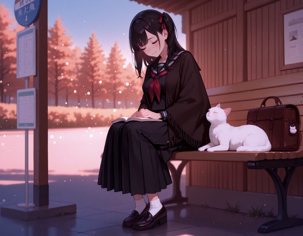 バスを待つ女子高生と構って白ノラ