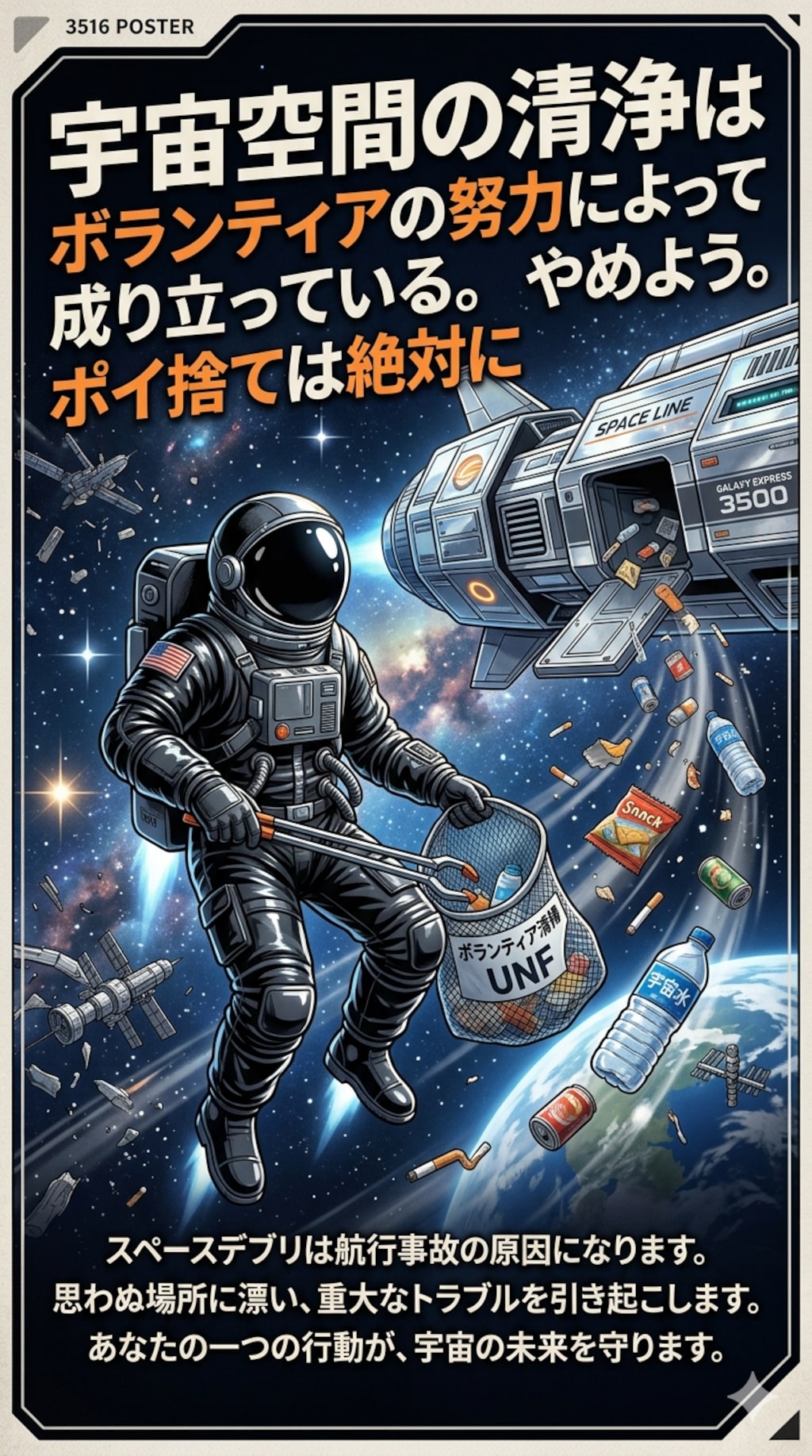 「宇宙空間の清浄はボランティアの努力によって成り立っている。やめよう。ポイ捨ては絶対に」