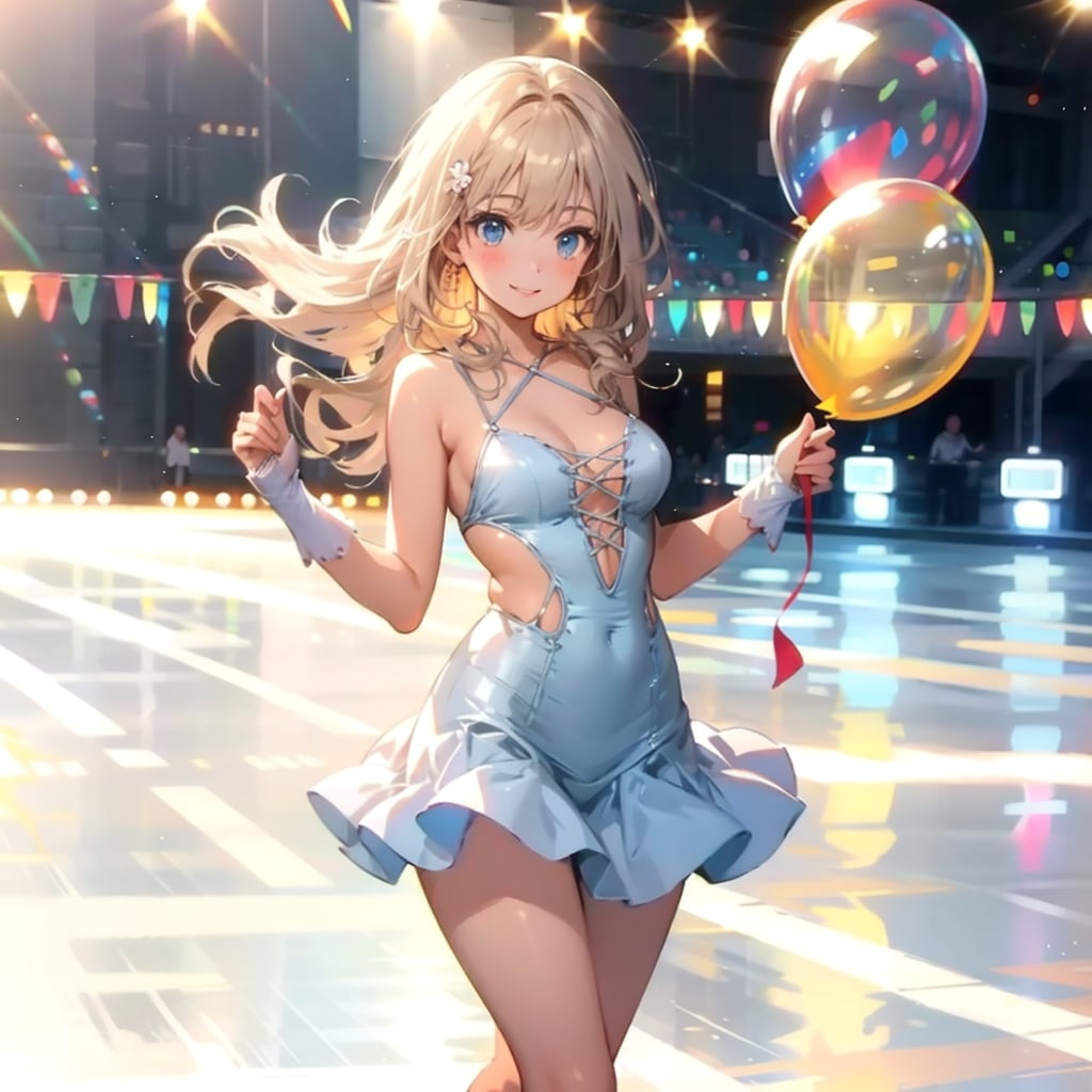 風船を2つ持つブロンドロングウェーブヘアのフィギュアスケート選手の美女。