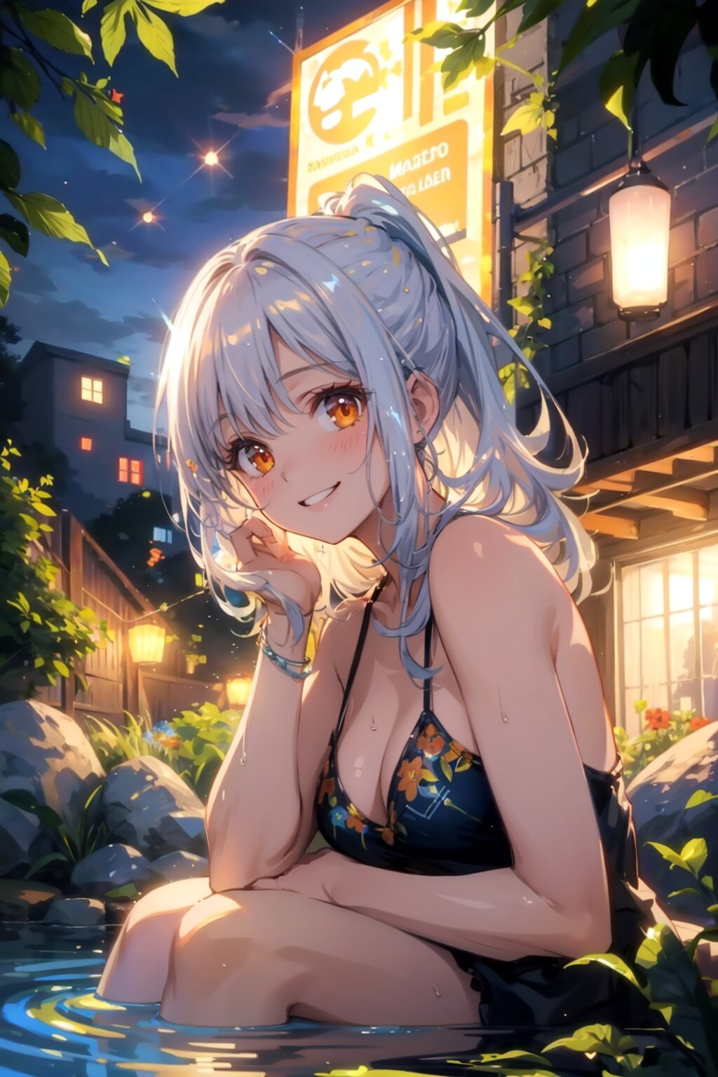 夜の混浴可の露天風呂（スーパー銭湯）