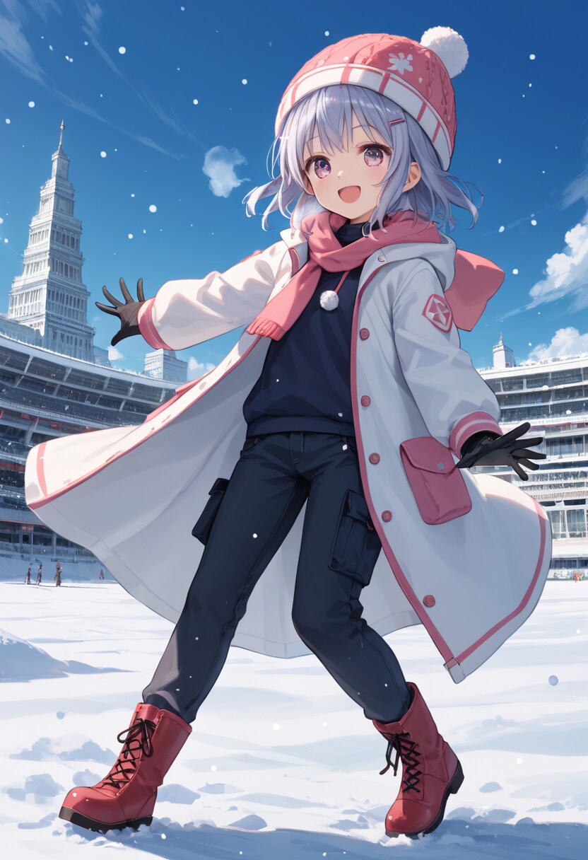 雪ではしゃぐかわいい子が寒さ対策をしてきた