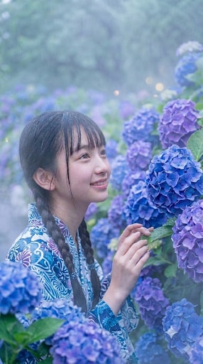 霧雨で濡れる美しく幻想的な紫陽花を見つめる。