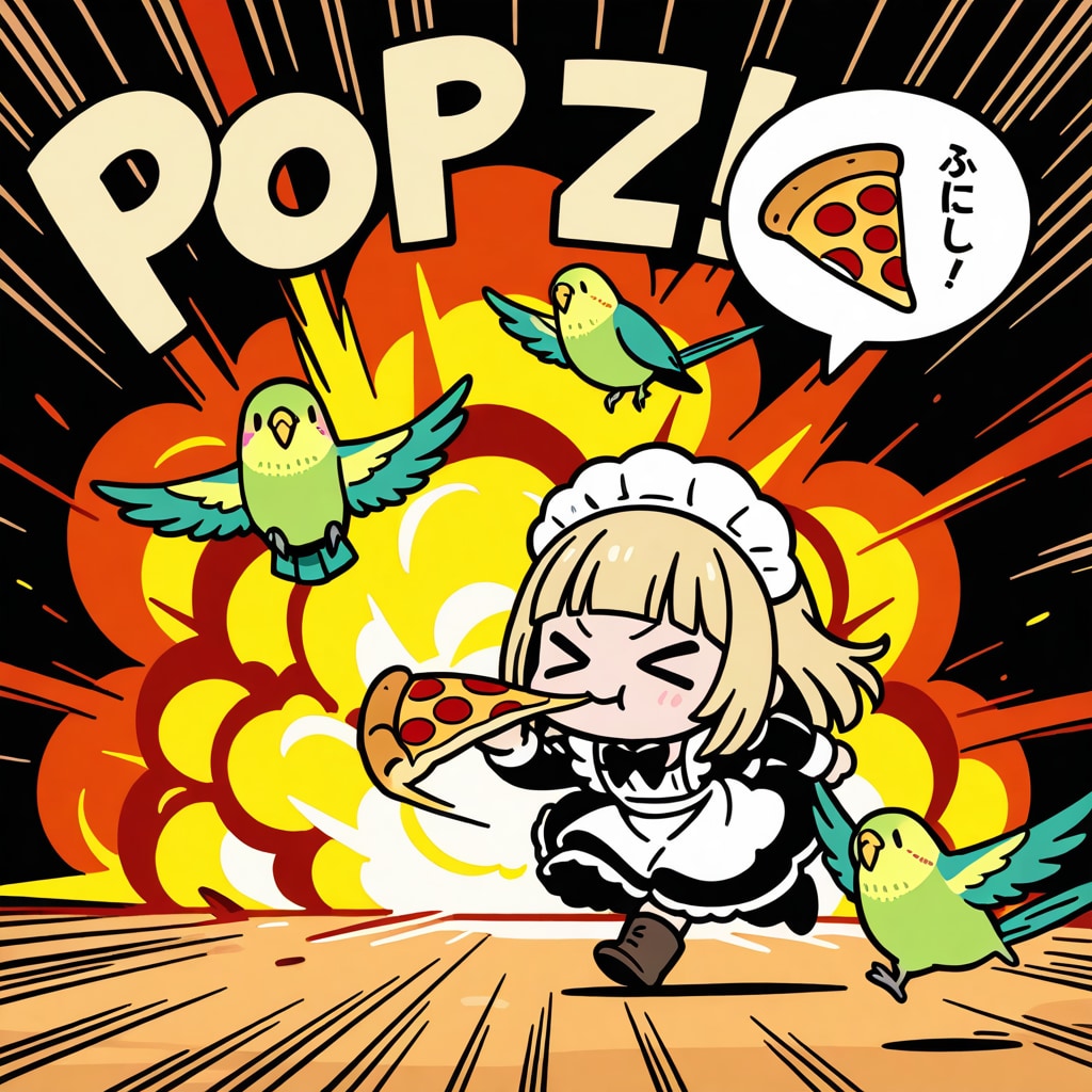 ピッツァメイドちゃんと爆発音で喋れないインコ | の人気AIイラスト・グラビア