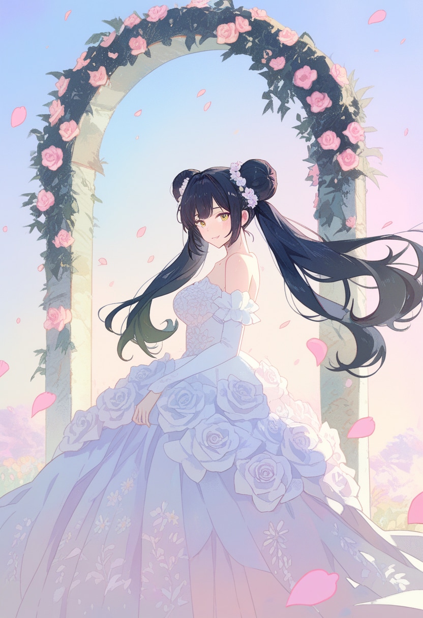 薔薇のモニュメントと白いドレス姿の美女