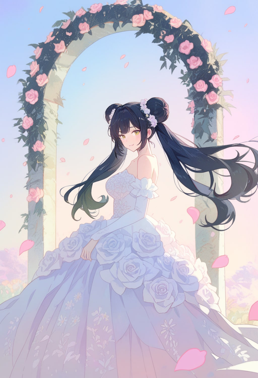 薔薇のモニュメントと白いドレス姿の美女