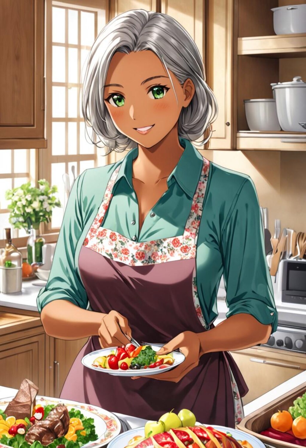 料理中の褐色お姉さん