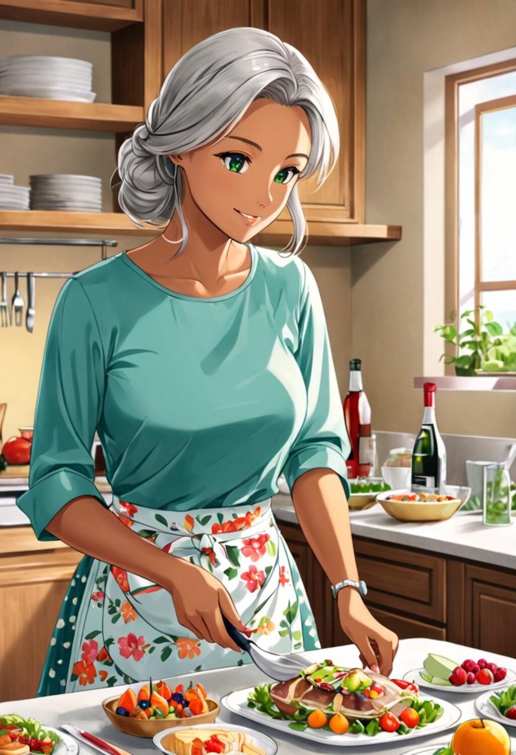 料理中の褐色お姉さん